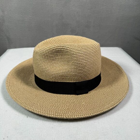 Panama Hat Straw Unisex OS Tan Black Band Fedora Sun Shade Beach Boho Preppy - Picture 4 of 7